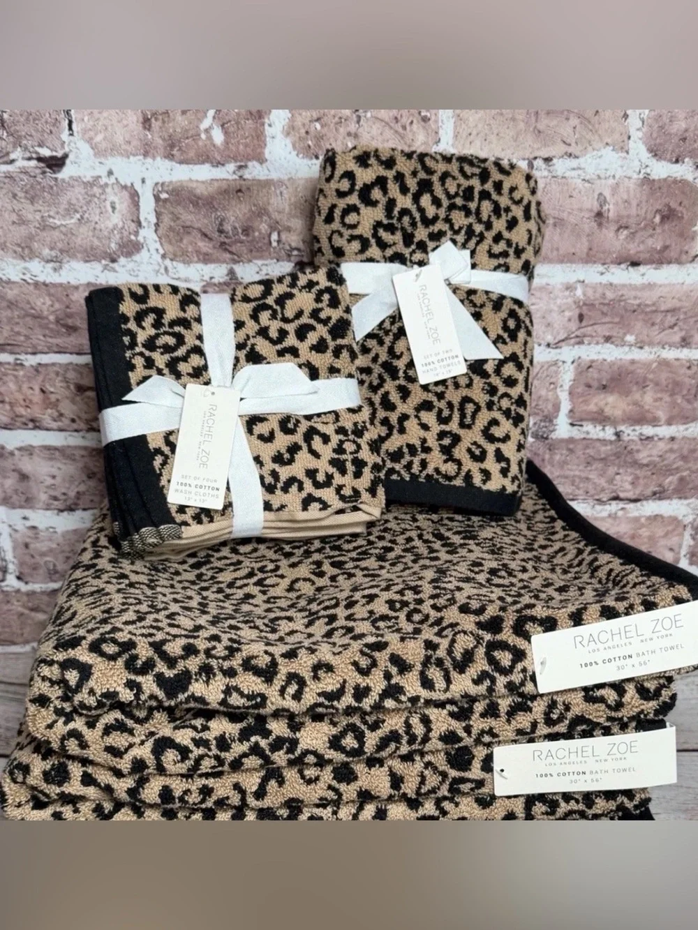 Rachel Zoe 100% Cotton cheetah print bath towel bundle bath, hand, washcloth NEW